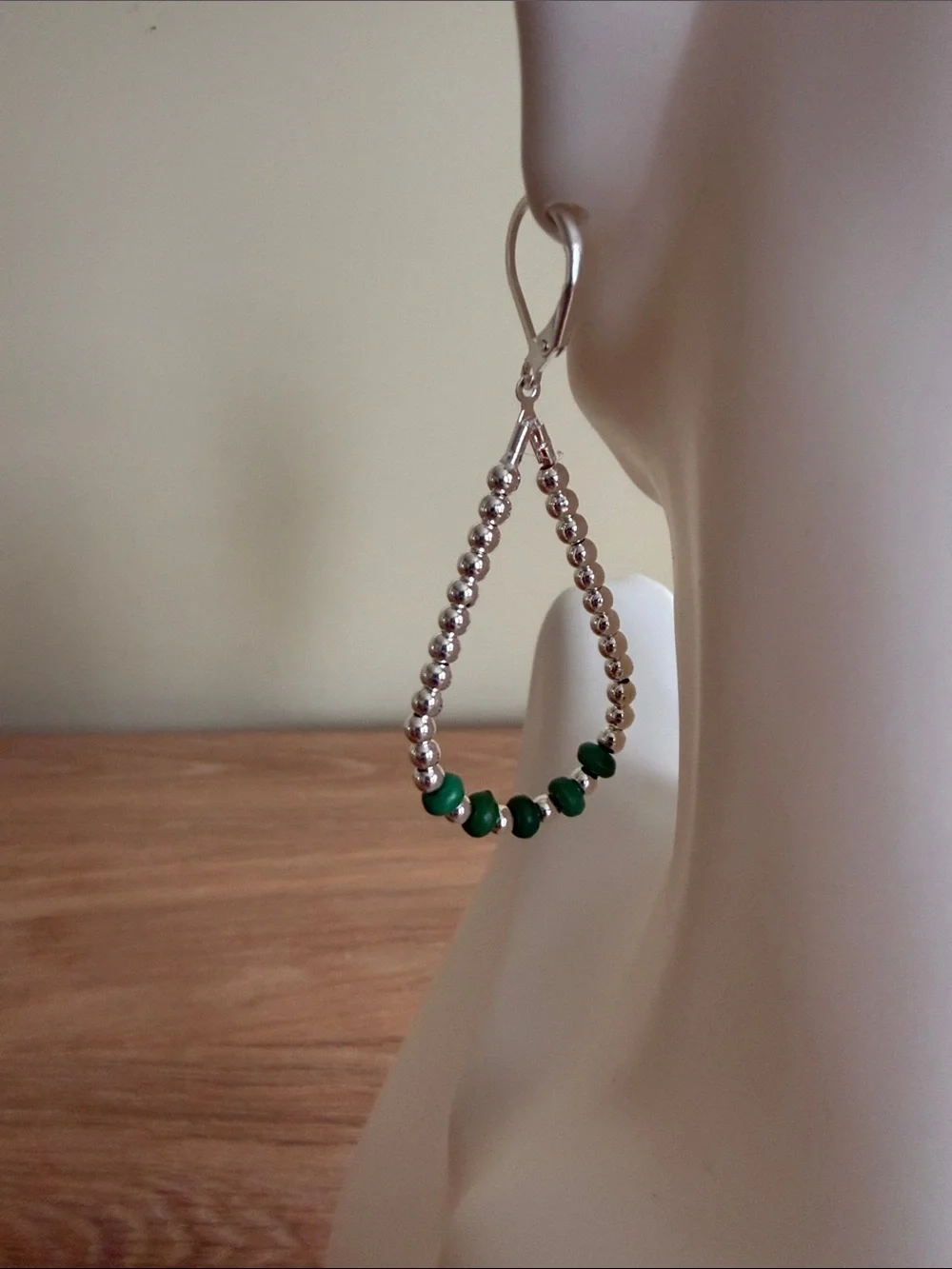HAND CRAFTED GREEN APPLE TURQUOISE & SILVER TEARDROP HOOP EARRINGS